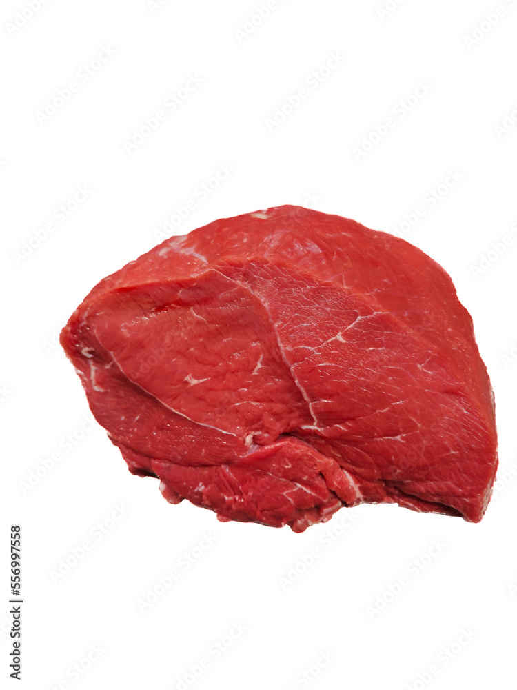 A piece of raw red beef on a white isolated background close-up