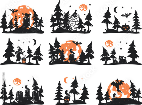 halloween vector silhouette logo. halloween in cartoon forest vector