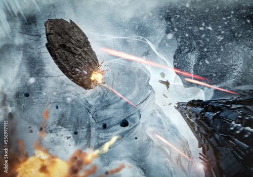 Print op canvas Space battle of spaceships and battle cruisers, laser shots sparks and explosion