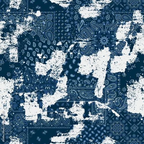 Blue bandana kerchief paisley fabric patchwork abstract vector seamless pattern  grunge  effect in separate layer