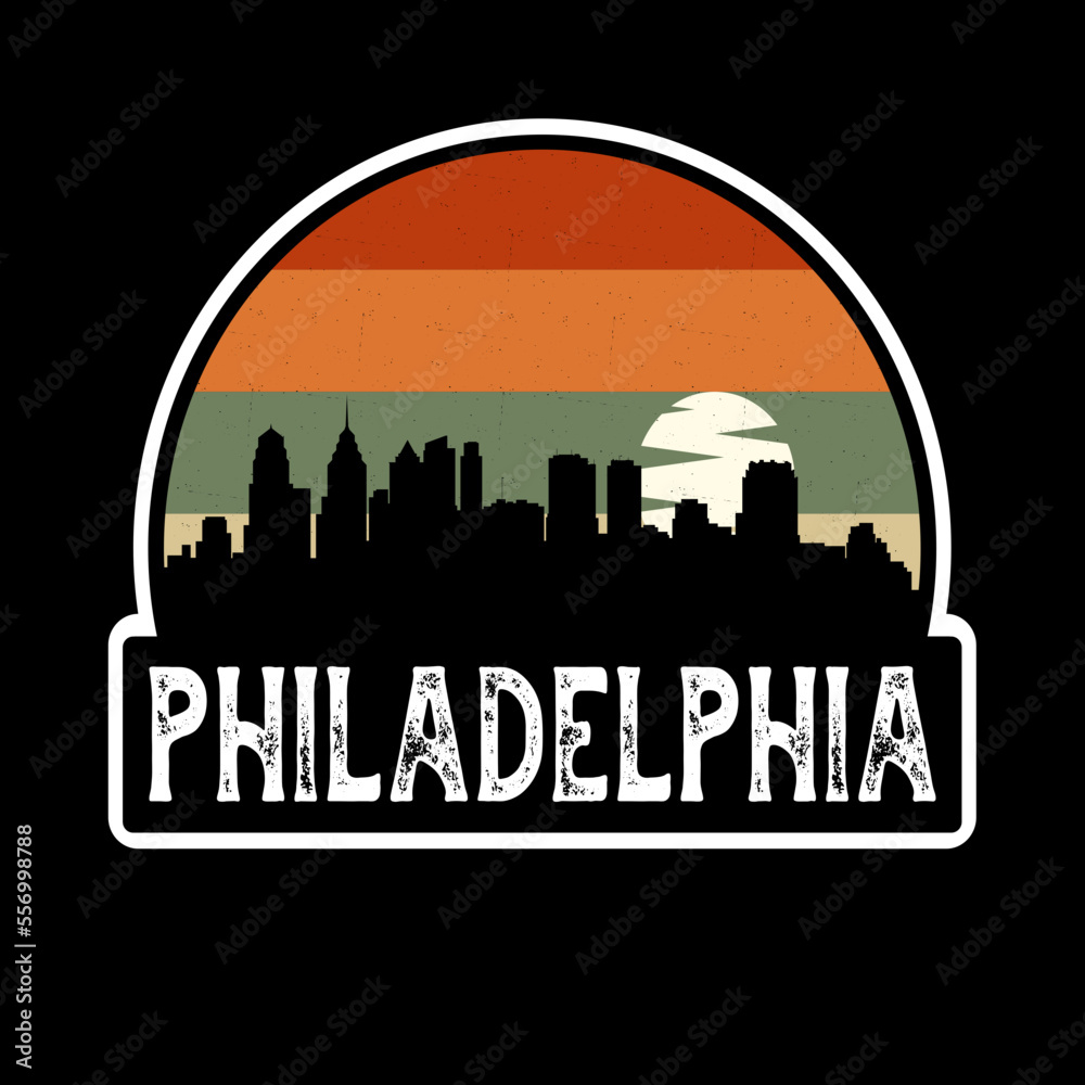 Philadelphia Pennsylvania USA Skyline Silhouette Retro Vintage Sunset Philadelphia Lover Travel Souvenir Sticker Vector Illustration SVG EPS