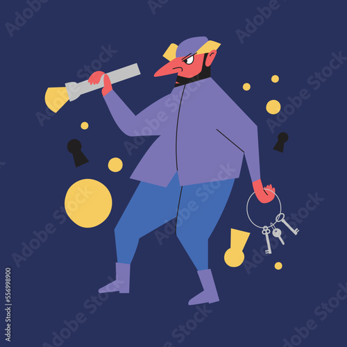 A thief with a lockpick sneaks to the door. The watchman with the keys checks the object. The guard shines a flashlight into the darkness. The criminal enters the house. Flat illustration.