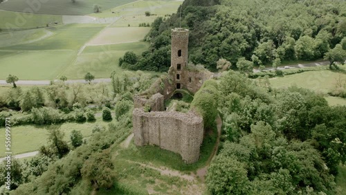 View aerial high on the abandoned castle in Europe