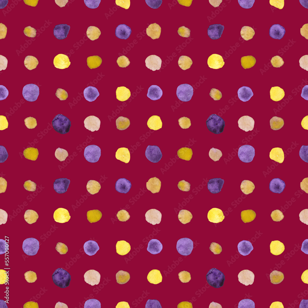 Seamless pattern bright yellow and purple dots painted in watercolor on a dark Magenta background. For fabric, sketchbook, wallpaper, wrapping paper.