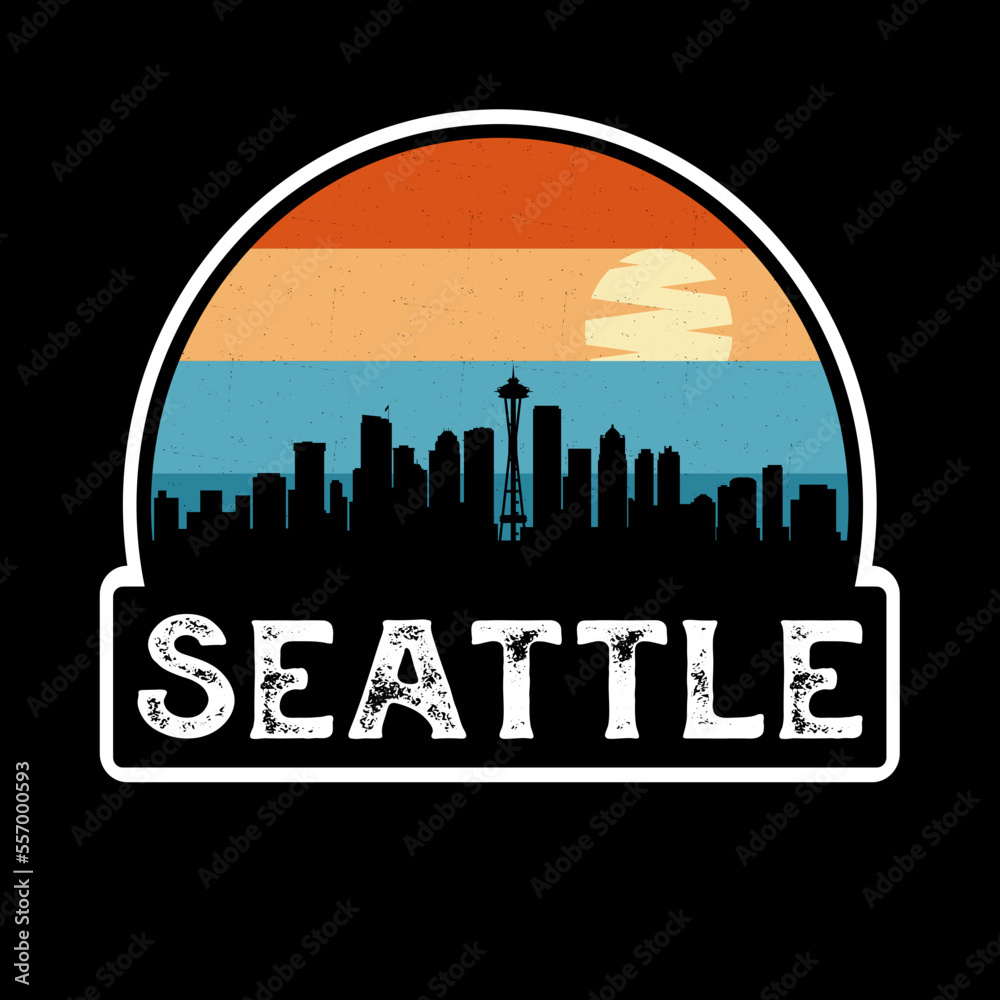 Seattle Washington USA Skyline Silhouette Retro Vintage Sunset Seattle Lover Travel Souvenir Sticker Vector Illustration SVG EPS