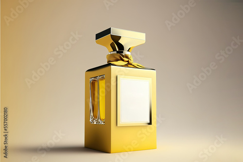 Malone perfume bottle from a yellow branded box on a white isolated background. Generative AI photo