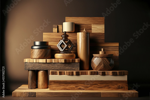 Rustic wood pieces podium. Background for perfume, jewellery and cosmetic products. Front view. Generative AI