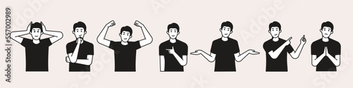 Set of half-body expression and gesture illustrations. People are thinking, stressed  and excited. Black and white cartoon-style illustrations.