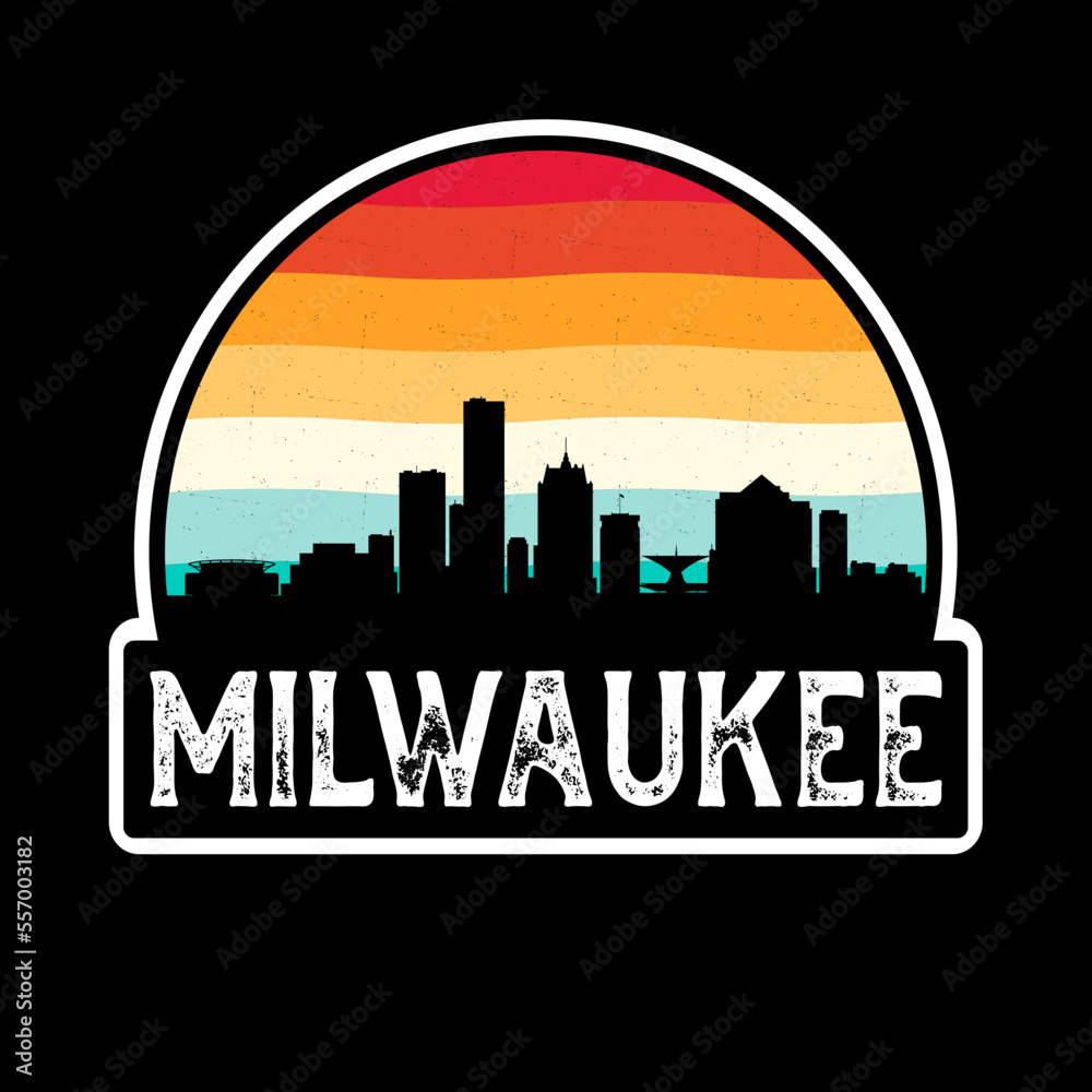 Milwaukee Wisconsin USA Skyline Silhouette Retro Vintage Sunset Milwaukee Lover Travel Souvenir Sticker Vector Illustration SVG EPS