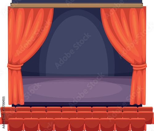 Empty scene interior. Cartoon stage with red curtains
