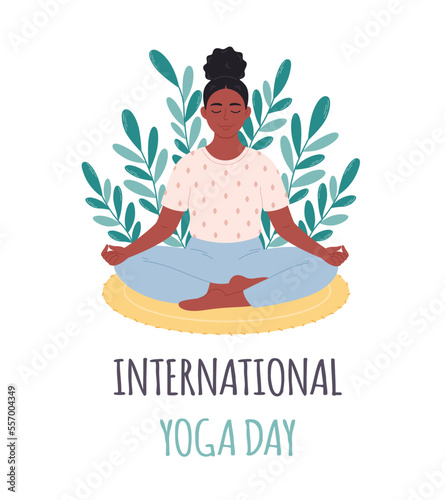 Black woman sitting in lotus pose and meditating on mat. World yoga day. Mental health care, relaxation, recreation, yoga practicing. Hand drawn vector illustration