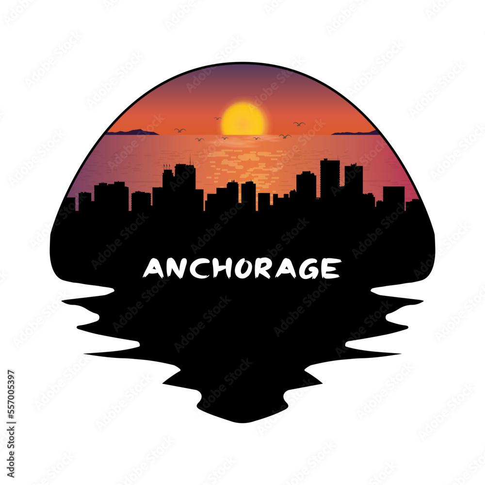 Anchorage Alaska USA Skyline Silhouette Retro Vintage Sunset Anchorage Lover Travel Souvenir Sticker Vector Illustration SVG EPS