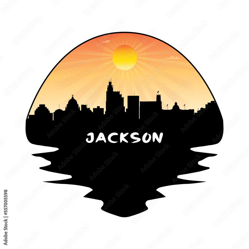 Jackson Mississippi USA Skyline Silhouette Retro Vintage Sunset Jackson Lover Travel Souvenir Sticker Vector Illustration SVG EPS