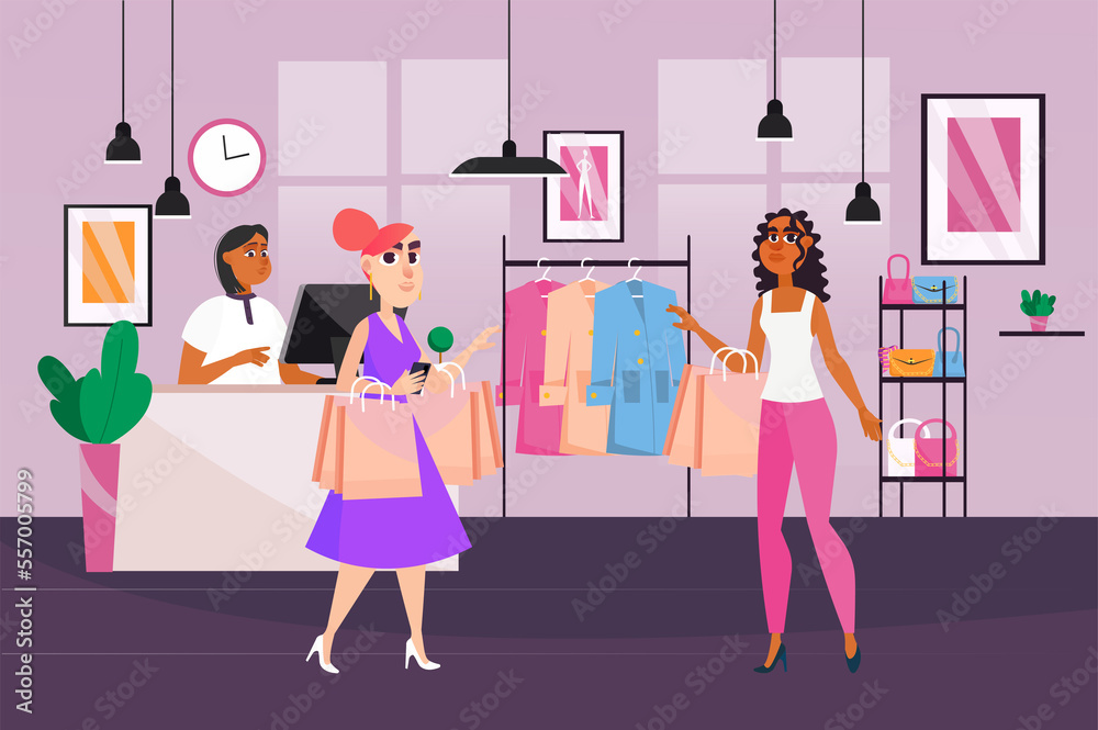 Shopping concept with people scene in the background cartoon design. Woman chooses a dress with a consultant in a clothing store. Shopping concept with people scene in the background cartoon design. Woman chooses a dress with a consultant in a clothing store.