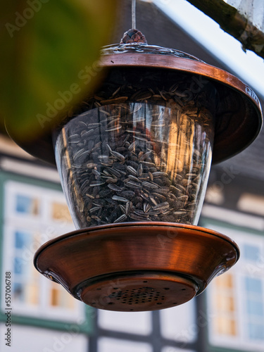 Foto Close-up of a bird feeder filled with sunflower seeds
