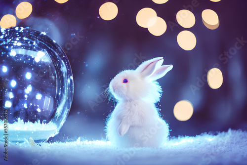 A white rabbit looking at a snow globe in the snow with illuminated lights. Generative ai.