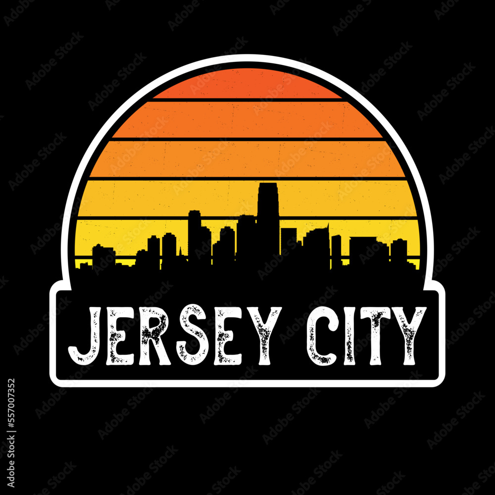 Jersey City New Jersey USA Skyline Silhouette Retro Vintage Sunset Jersey City Lover Travel Souvenir Sticker Vector Illustration SVG EPS