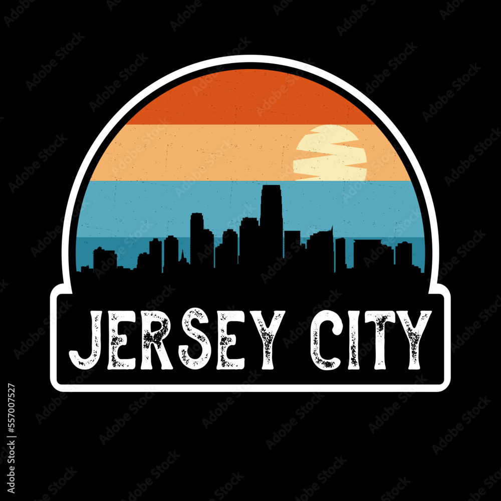 Jersey City New Jersey USA Skyline Silhouette Retro Vintage Sunset Jersey City Lover Travel Souvenir Sticker Vector Illustration SVG EPS