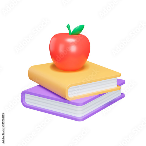 Studies 3d icon. books and apple. Isolated object on transparent background