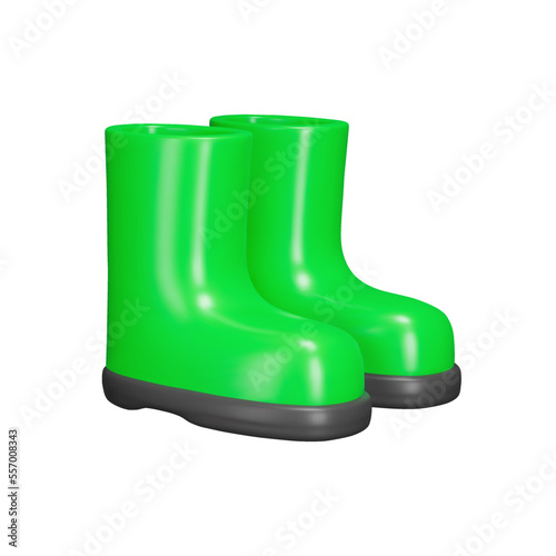 Rubber boots 3d icon. Shoes for the garden. Green. Isolated object on transparent background