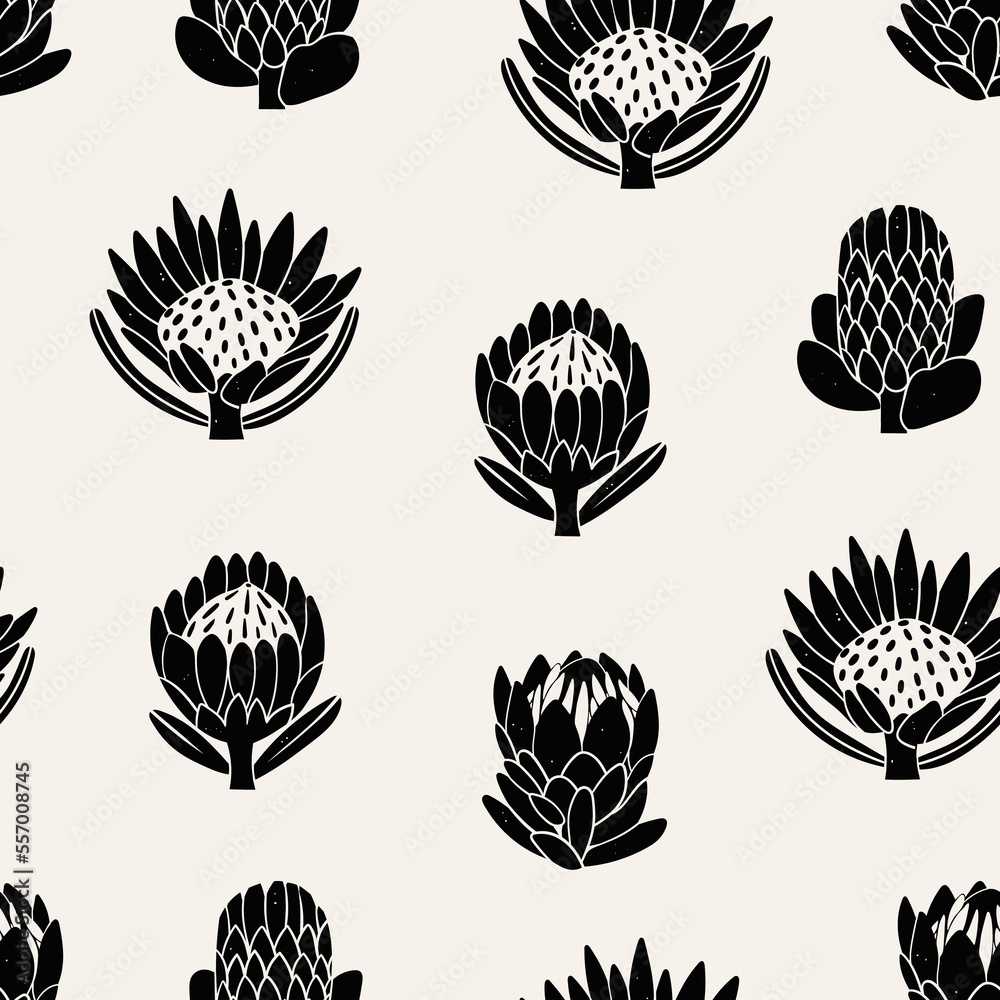 Various graphic Protea flowers. Abstract black flowers with leaves and branch. Hand drawn Vector illustration. Design decoration, print, wallpaper template. Square seamless Pattern Various graphic Protea flowers. Abstract black flowers with leaves and branch. Hand drawn Vector illustration. Design decoration, print, wallpaper template. Square seamless Pattern