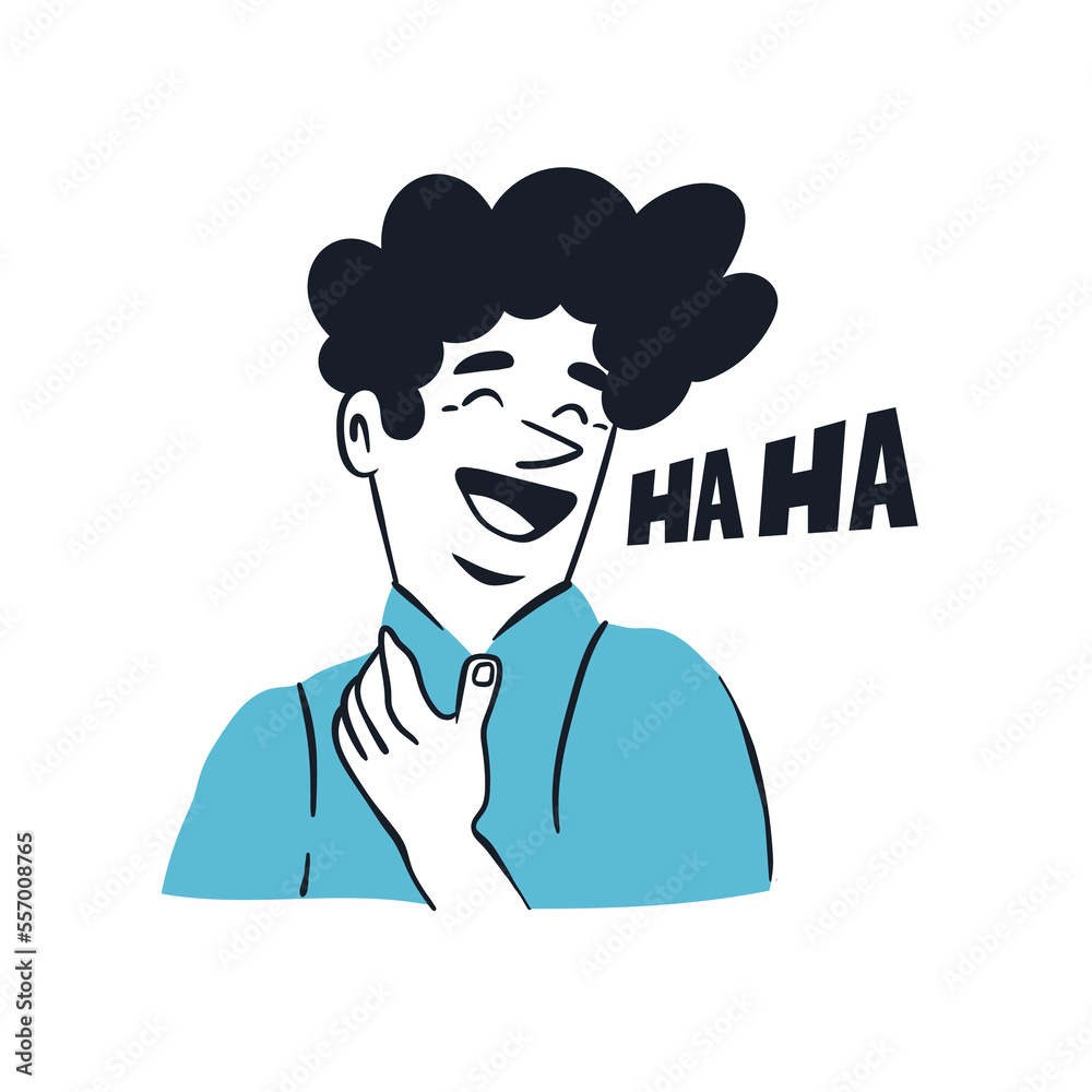 Laughing Man with blue shirt. Smiling person. Haha text. Facial expression, human emotion concept. Cartoon comic style. Cute funny character. Hand drawn Vector illustration. Avatar, print template Laughing Man with blue shirt. Smiling person. Haha text. Facial expression, human emotion concept. Cartoon comic style. Cute funny character. Hand drawn Vector illustration. Avatar, print template