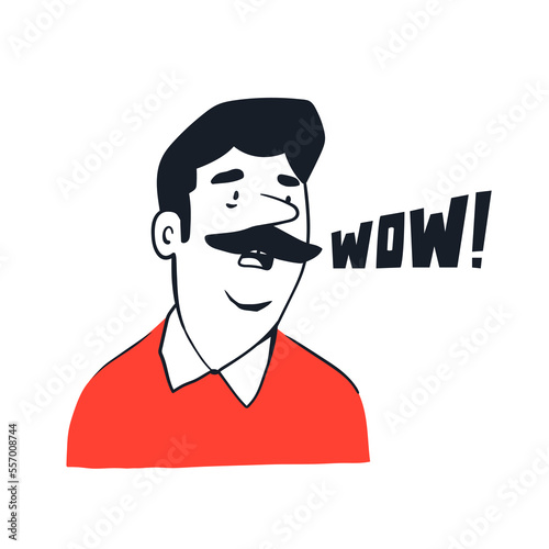 Confused Man with moustache. Affected person. Wow text. Facial expression, human emotion concept. Cartoon comic style. Cute funny character. Hand drawn Vector illustration. Avatar, print template