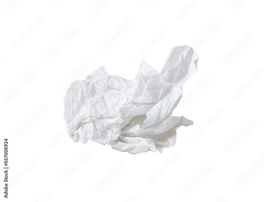Single white screwed or crumpled tissue paper or napkin in strange shape after use in toilet or restroom isolated on white background in png file format.