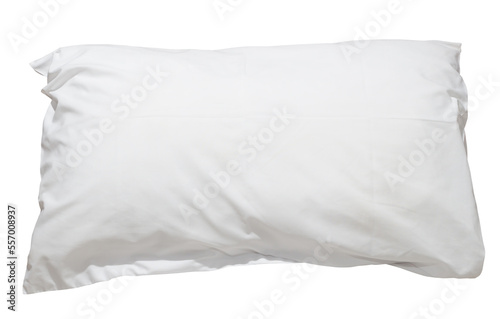 White pillow with case after guest's use at hotel or resort room isolated on white background in png file format, Concept of confortable and happy sleep in daily life