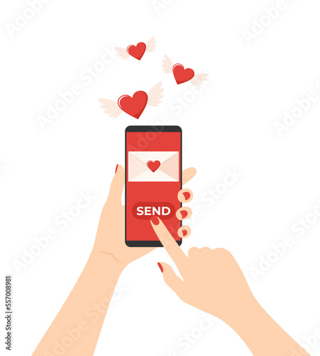 Hands holding mobile phone with love letter on screen and flying winged hearts on white background. Sending a love message. Vector illustration in flat style