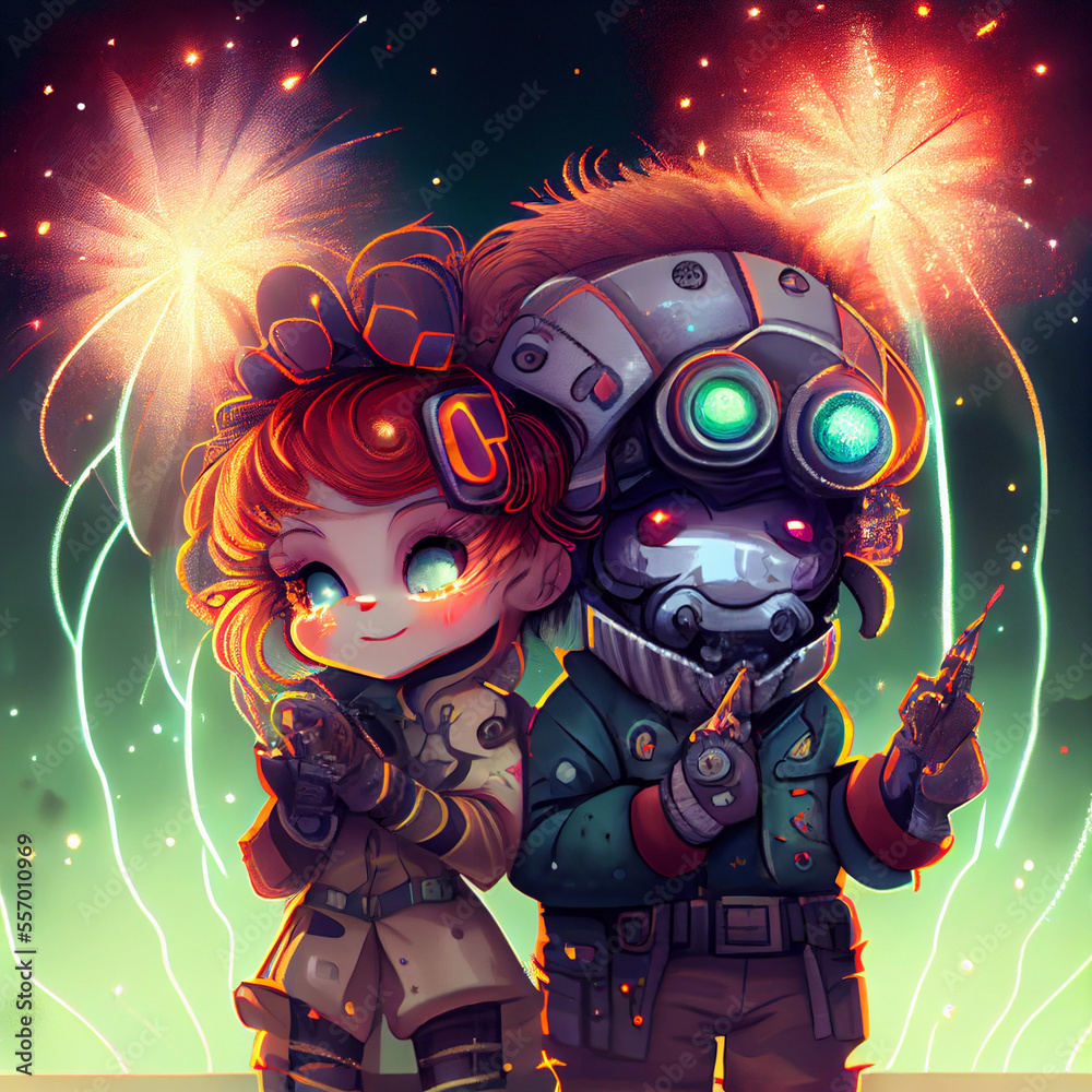 Cute sci-fi figures celebrating new year