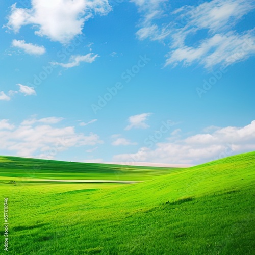 Green grass and sunny blue sky background - generative ai