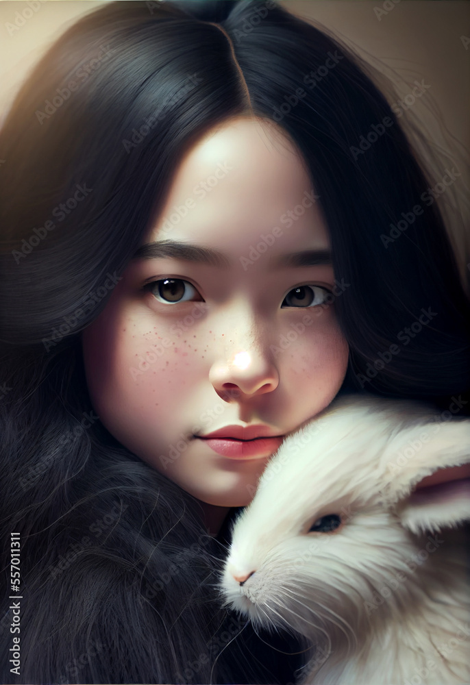 A beautiful Japanese young girl with long black hair, presses her face against a cute fluffy white rabbit. A fictional person. Created with Generative AI technology. A beautiful Japanese young girl with long black hair, presses her face against a cute fluffy white rabbit. A fictional person. Created with Generative AI technology.