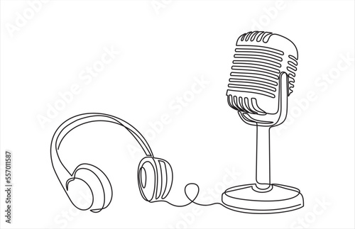 Continuous one single line drawing Retro microphone and headphone speaker device gadget. Continuous line draw design graphic vector illustration.