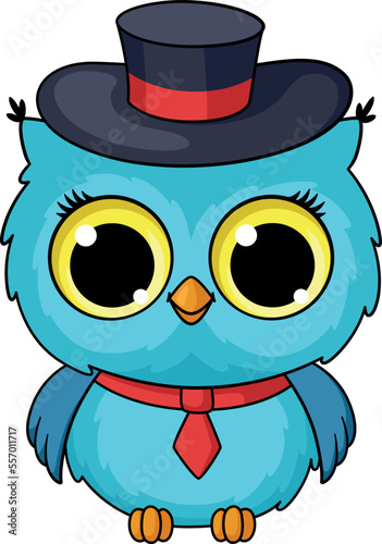 Owl gentleman cartoon character. Bird in top hat and tie