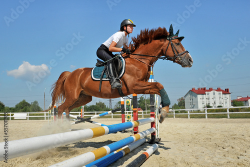 Girl jockey riding a horse jumps over a barrier on equestrian competitions. Girl riding a horse on jumping competitions. © Mykola