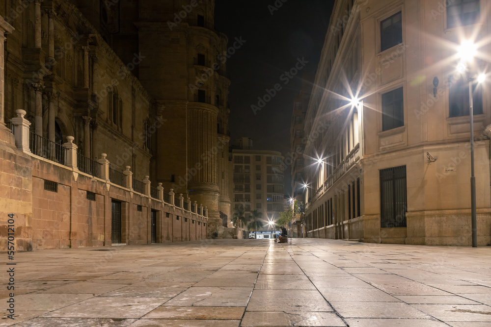 Amazing night photography around Malaga La Manquita Cathedral, Plaza de la Constitucion and Marques de Larios street in long time exposure. Malaga old city center empty streets at night. Spain