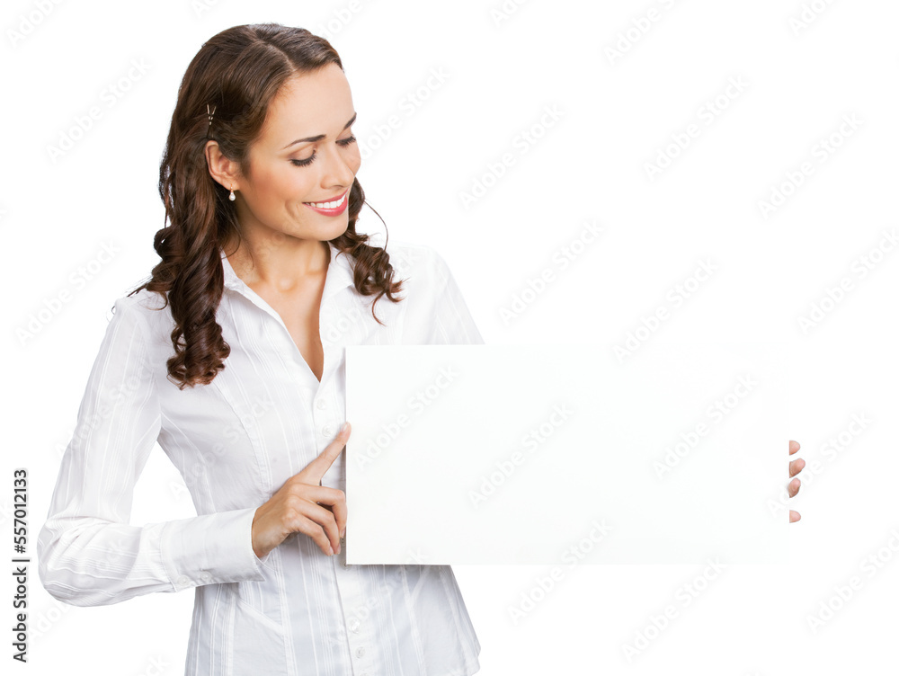 Happy smiling brunette business woman in confident clothing, holding showing blank banner or mock up signboard with copy space text area, isolated on white background. Happy smiling brunette business woman in confident clothing, holding showing blank banner or mock up signboard with copy space text area, isolated on white background.
