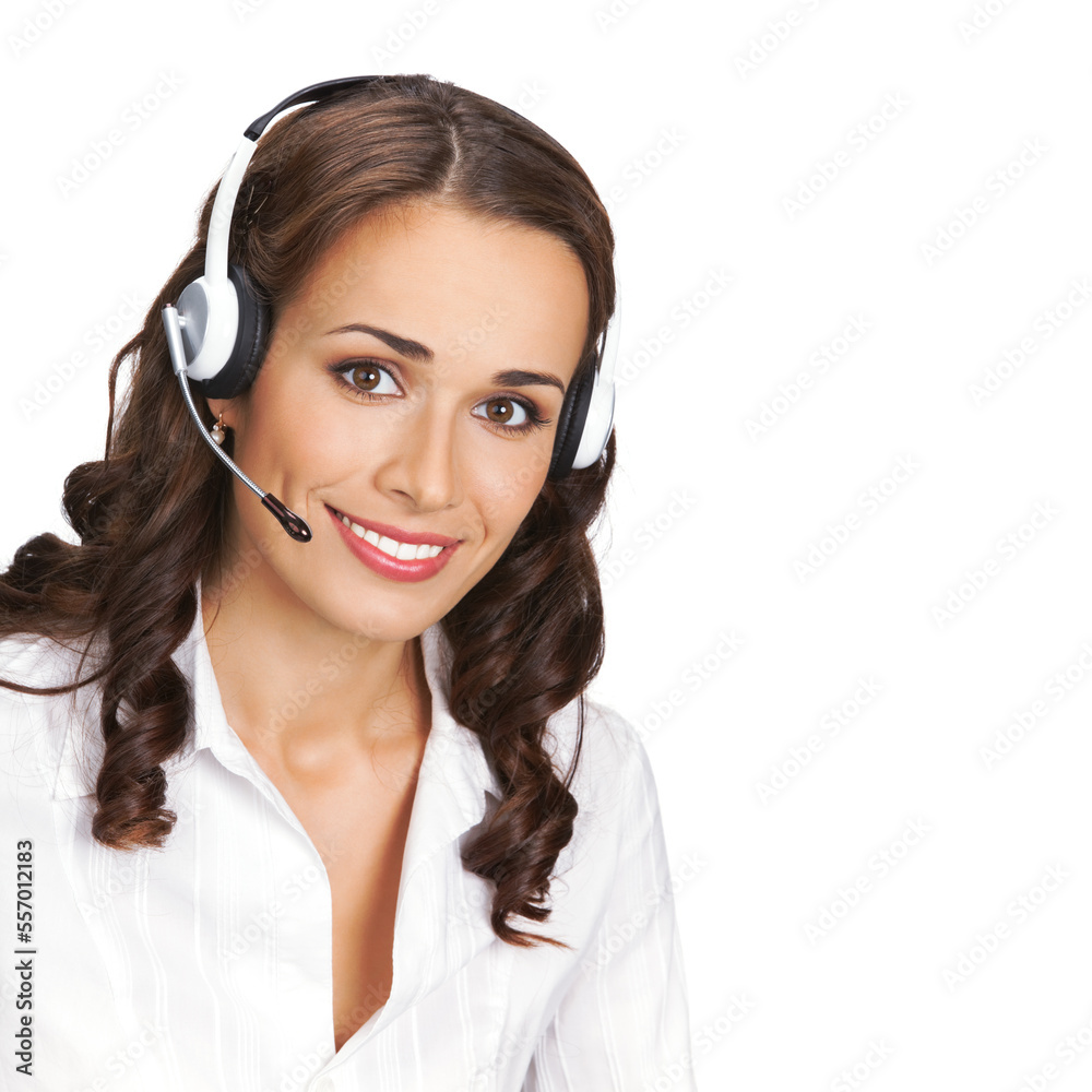 Contact Call Center Service. Customer support female sales agent. Caller answering phone operator or businesswoman in headset. Face portrait of brunette woman. Isolated on white background. Square. Contact Call Center Service. Customer support female sales agent. Caller answering phone operator or businesswoman in headset. Face portrait of brunette woman. Isolated on white background. Square.