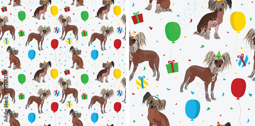Photography Happy Birthday Pattern with Chinese Crested dog in a party hat, seamless texture