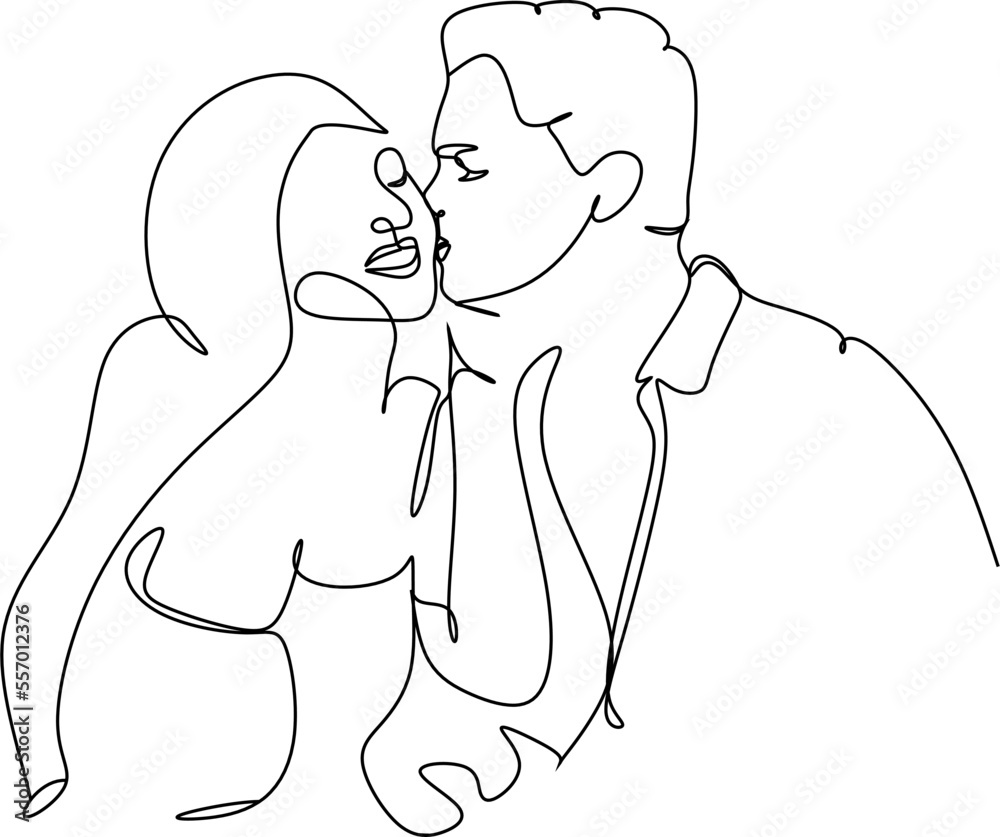 Couple kissing .One line art. Line drawing of man and woman in love. St ...