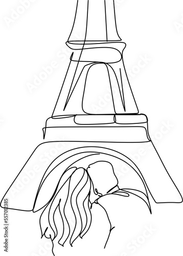 Eiffel line illustration, valentine and holiday, france sign, vector graphics, a linear on a white background, Paris and love couple