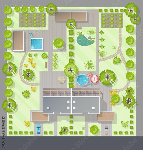 Landscape design plan top view with house, courtyard, lawn and garage. Highly detailed plan of country with modern duplex cottage, garden, pond, trees, pool. Vector Cityscape, Map of town, village