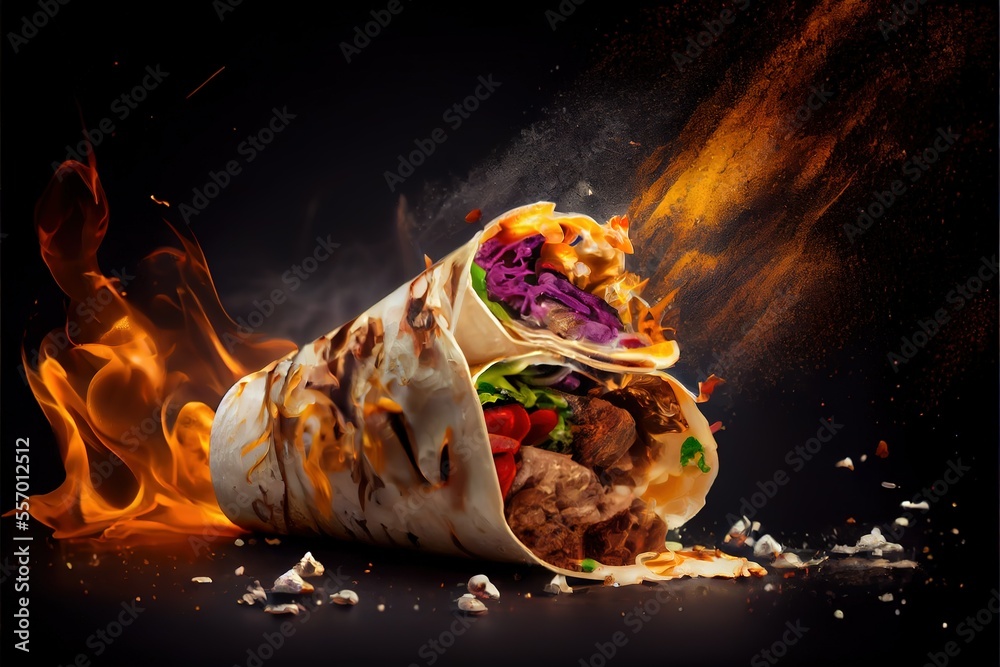 Grilled shawarma, shawarma, shawarma with fire flames, Generative AI