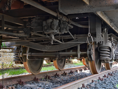 Underside of a train wagon on rails