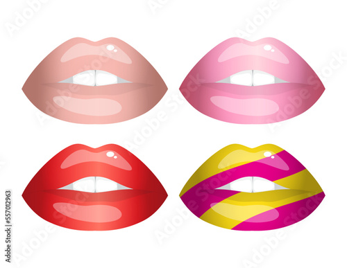Beautiful bright sexy female lips in red, pink, beige colors, with a yellow-pink stripe print. Set of isolated vector illustrations