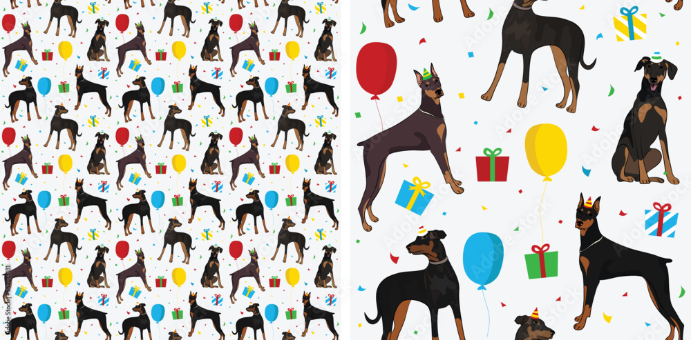 Happy Birthday Pattern with Doberman dog in a party hat, seamless ...