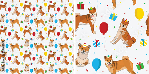 Fototapeta Naklejka Na Ścianę i Meble -  Happy Birthday Pattern with Shiba Inu dog in a party hat, seamless texture. Repeatable textile, wrapping paper, white background graphic design.Holiday wallpaper with sitting fur orange dogs, confetti