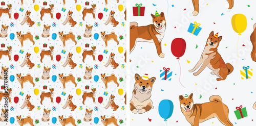 Happy Birthday Pattern with Shiba Inu dog in a party hat, seamless texture. Repeatable textile, wrapping paper, white background graphic design.Holiday wallpaper with sitting fur orange dogs, confetti