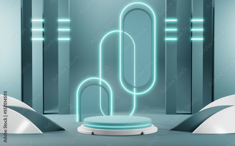 3D render of Podium background in blue tones for displaying cream products. cosmetics
